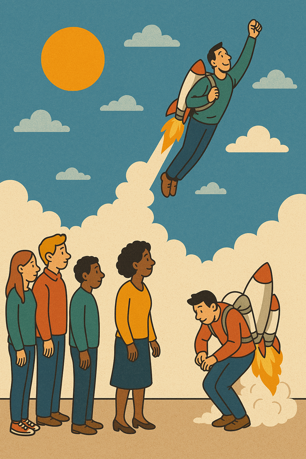 People rocketing to the sky